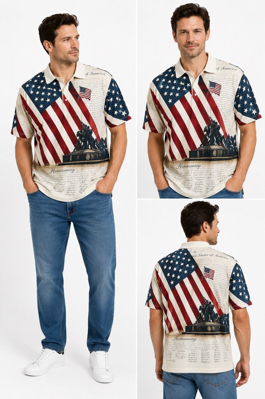 Cotton Traders Sport Polo Shirt Men's L Patriotic American Flag Iwo Jima USA
